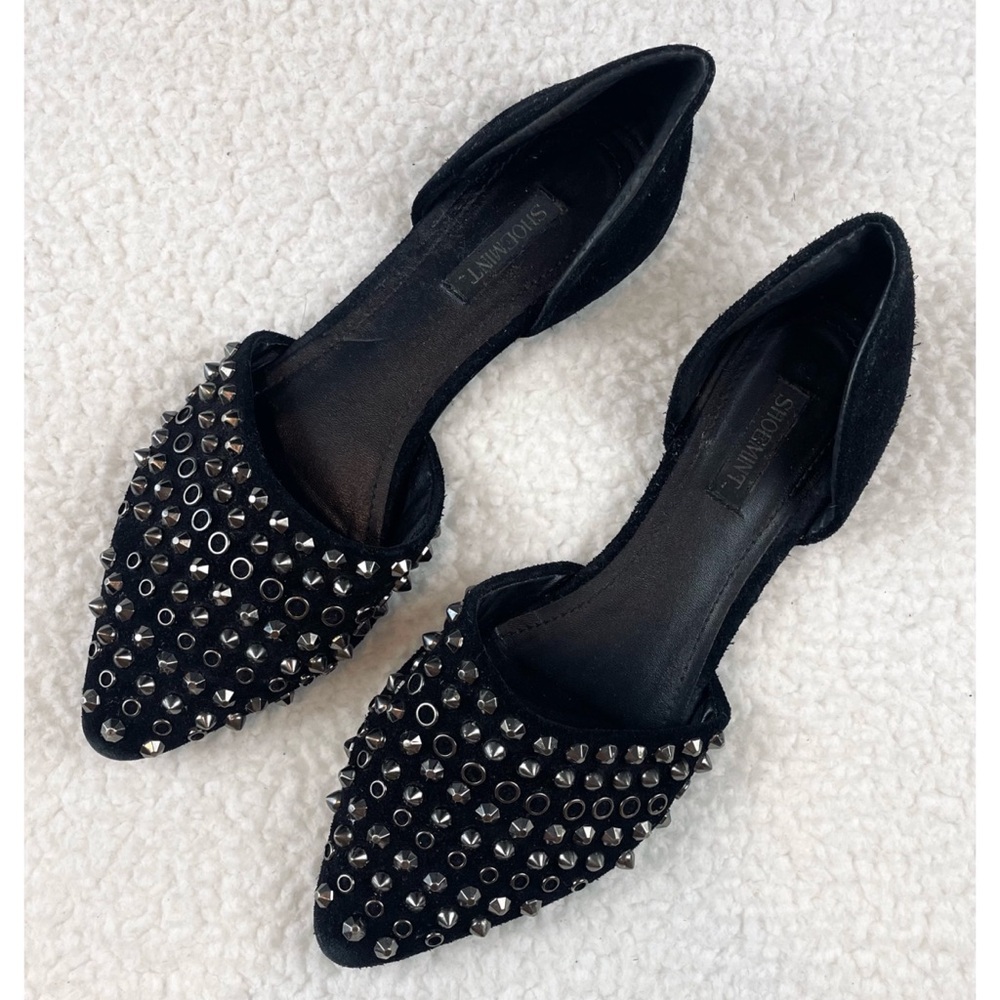 SHOEMINT • Cameron Black Suede Studded Pointed-Toe Flats, 7